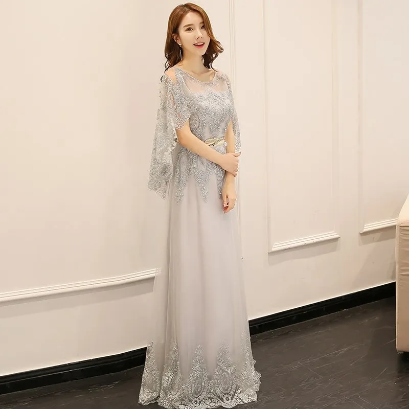 Estilo coreano o pescoço boné manga vestidos de banquete para mulheres faixas apliques chão-comprimento bordado elegante vestido de festa