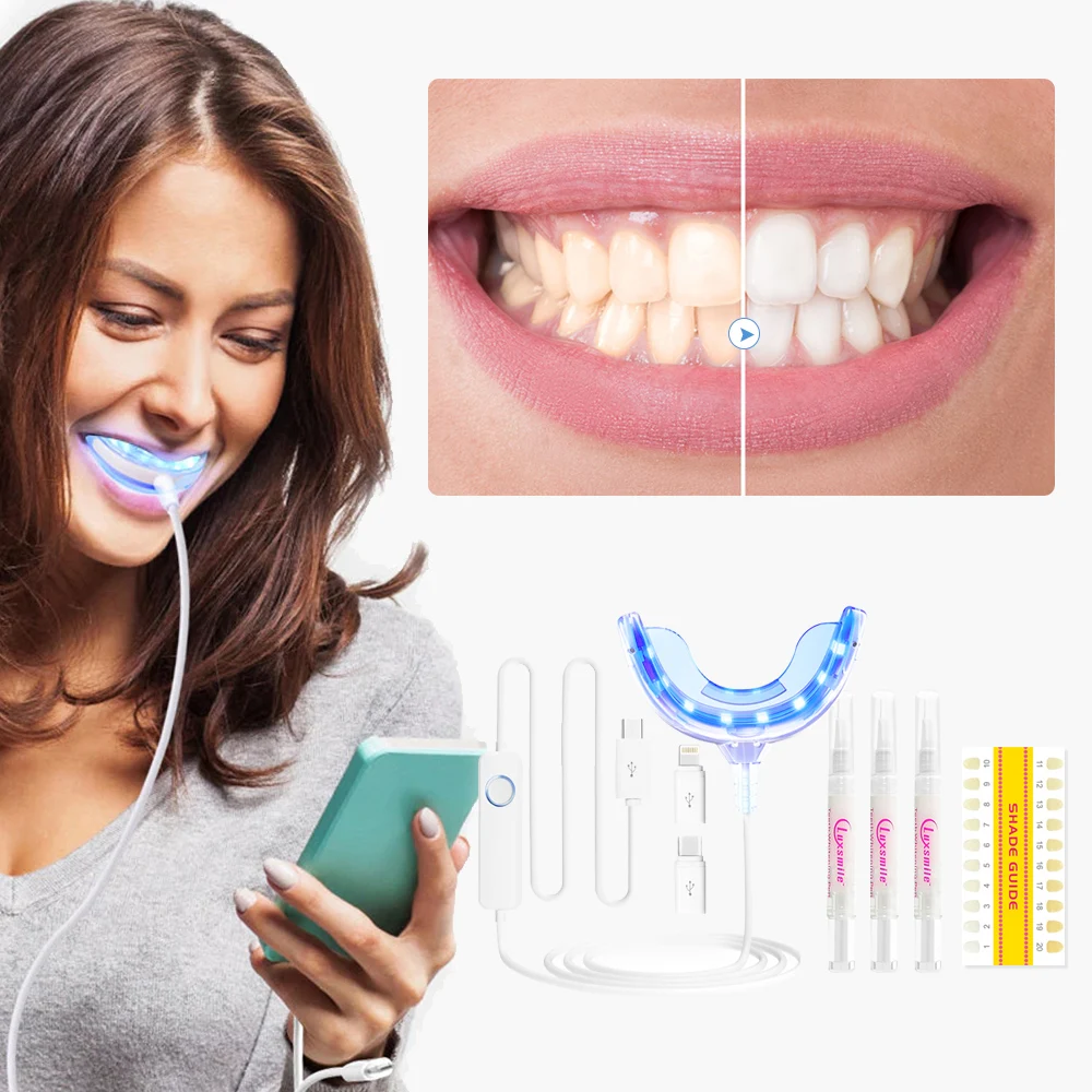 Luxsmile Teeth Whitening Blue Light Dental Whitening Kit Smart LED Light 4ml Teeth Whiten Gel Portable USB Teeth Whien Product