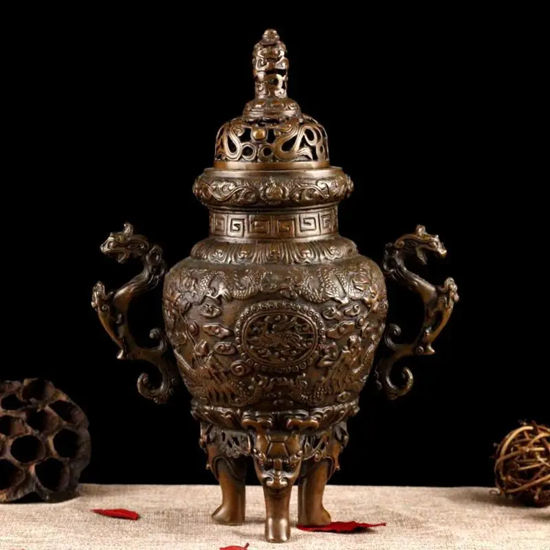 Pure Copper Big Dragon Ear Chinese Style Incense Burner for Buddha  Sandalwood Holder for Home Furnishings In Living Room