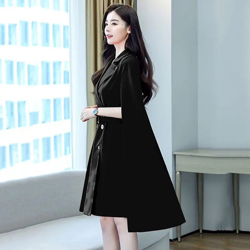 2023 New Fashion Shawl Cloak Dress Women Clothing Spring Autumn Korean Waist Double-breasted Black Blazer Dresses e149