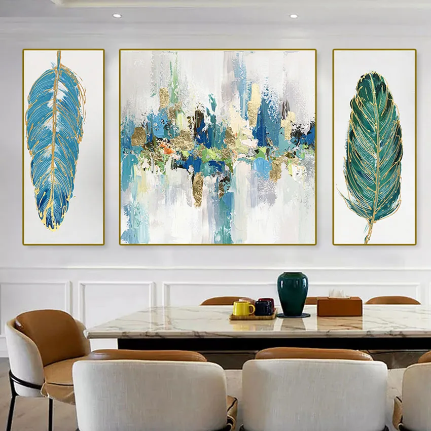 

3 panel wall art painting decor green feather abstract hanging picture Handmade canvas oil painting art poster for living room