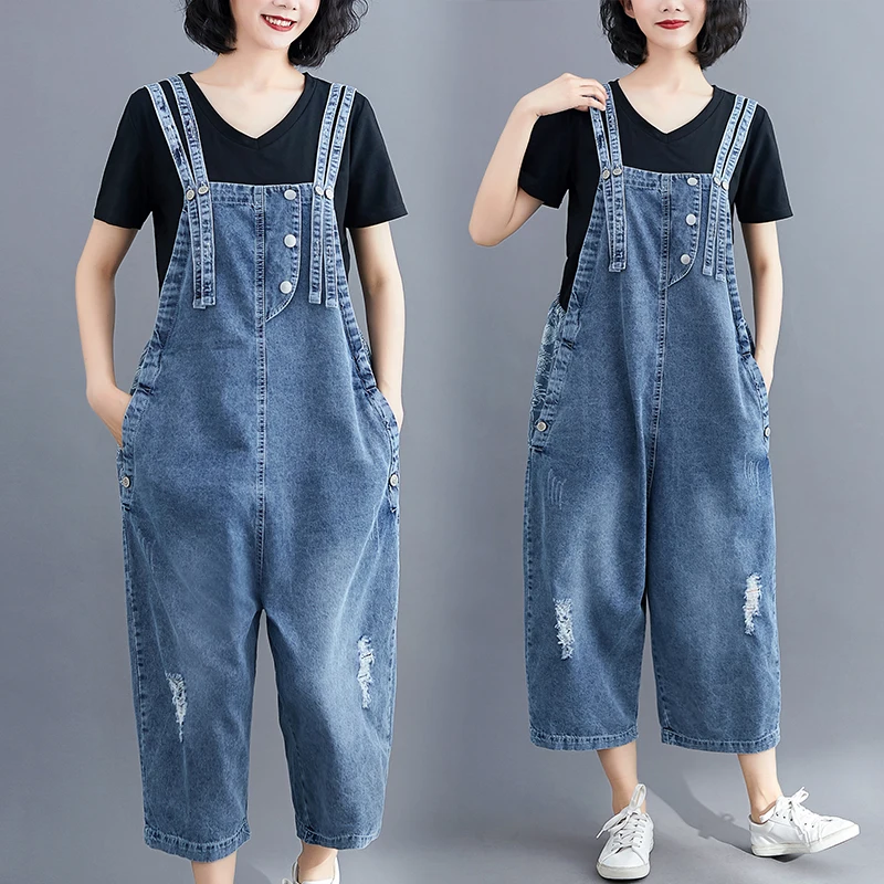 Loose Oversized Jeans Overalls For Women Wide Leg Plus Size Denim Jumpsuit Pockets Ripped Bib Baggy Pants Double Straps Rompers