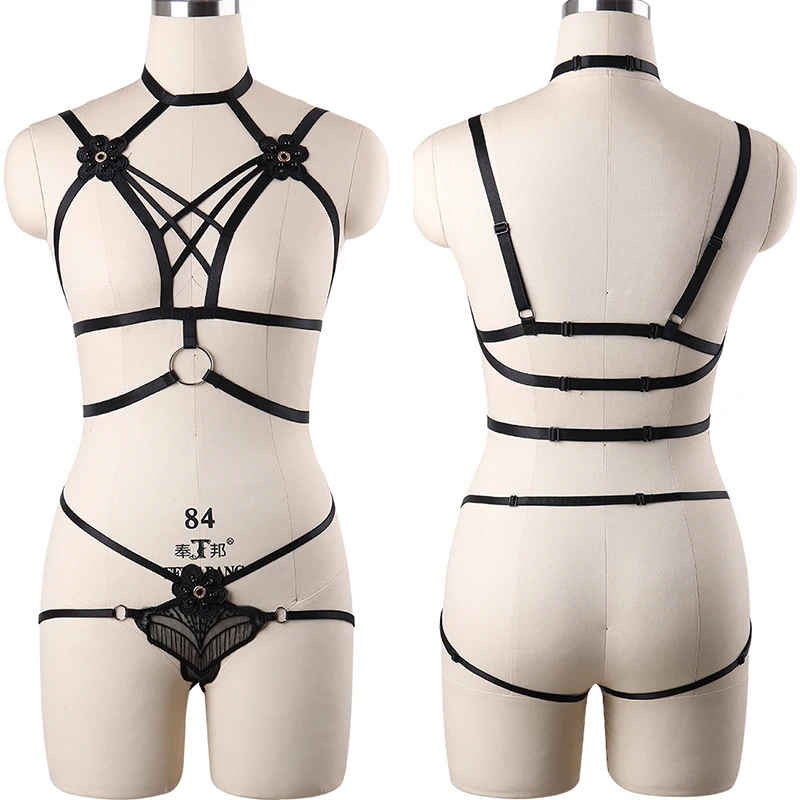 Hanaernes-conjunto de arreios para sutiã, sexy, preto, oco, ajustável, corpo, trava, casamento, noiva, cinta-liga, jaula do corpo, bondage