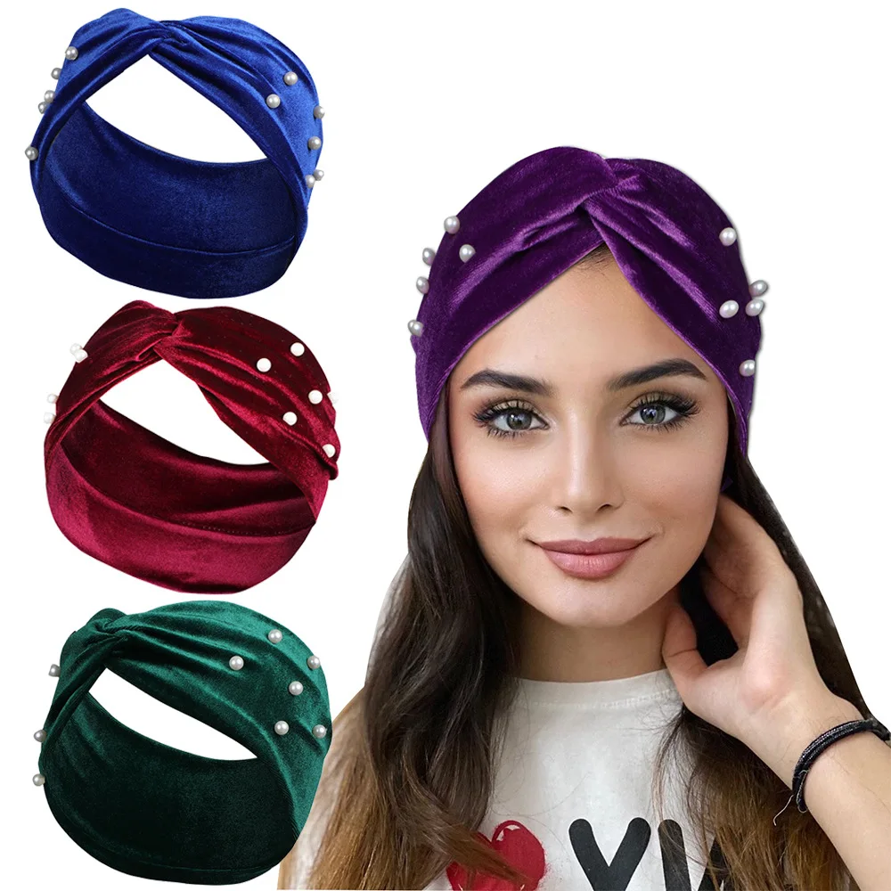 New Velvet Cross Knot Headbands Women Warm Top Knot Headband Twisted Hair Bands Headwraps Pearls Headwear Hair Accessories