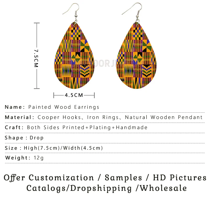 SOMESOOR African Fabric Style Printed Geometric Wood Earrings Tear Drop Bohemian Afro Ethnic Arts Dangle Jewelry For Women Gift