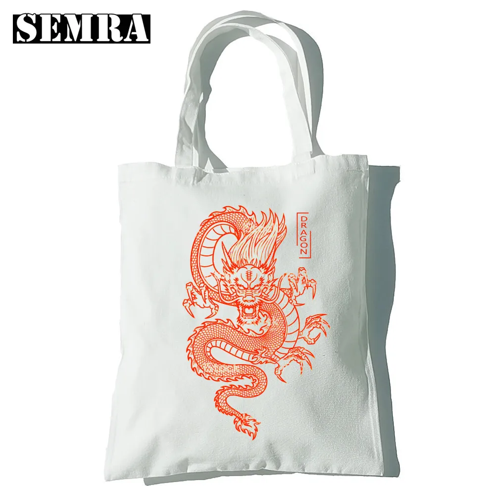 Dragon Printing Women Canvas Shopper Bag Girl Harajuku Large Capacity Punk Gothic Black Tote Classic Vintage Shoulder Handbag