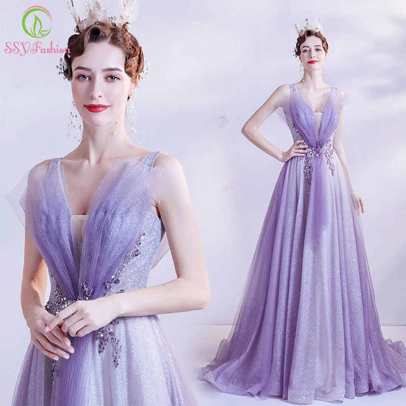 

SSYFashion Romantic Light Purple Evening Dress V-neck A-line Sweep Train Lace Appliques Prom Formal Gowns for Women Vestidos