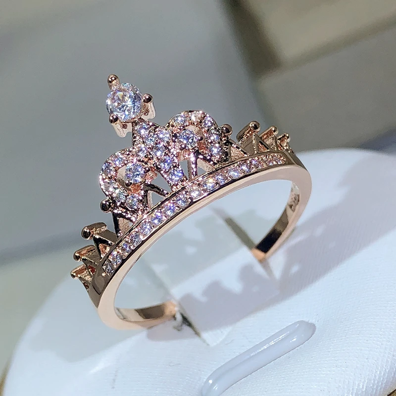 925 Zilveren Prachtige Prinses Kroon Ring Voor Dames Rose Goud Zirkoon Ring Engagement Verjaardag Sieraden Gift