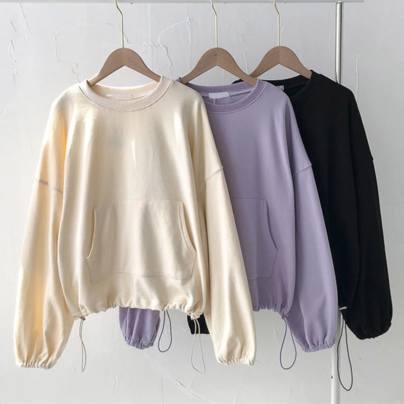 Autumn Women Round Neck Shirring Hoodies Loose Tops Korean Casual Pullovers Hooded Long Sleeve Ulzzang Streetwear Female