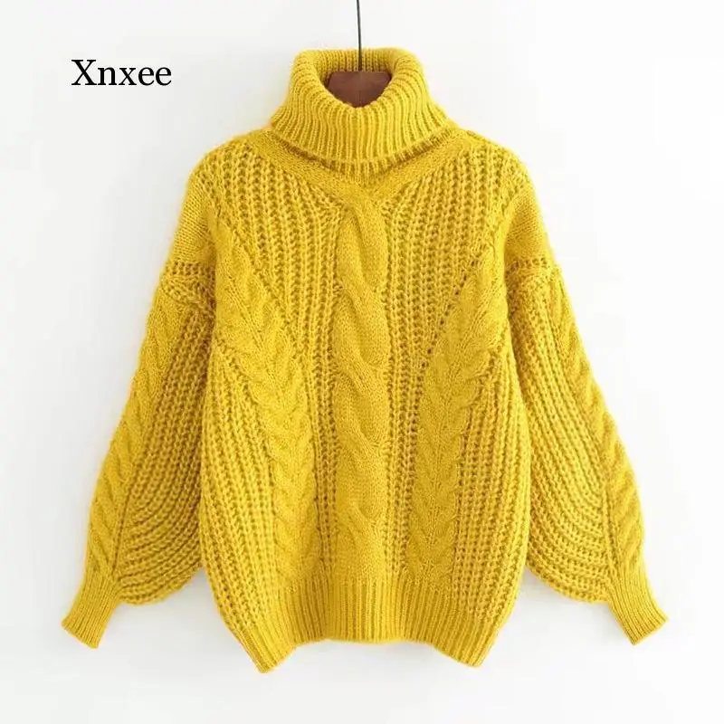 Turtleneck Sweater Women Autumn and Winter Pullover Lantern Sleeves High Stretch Knit Casual Twist Warm Sweater Long Sleeve Yell