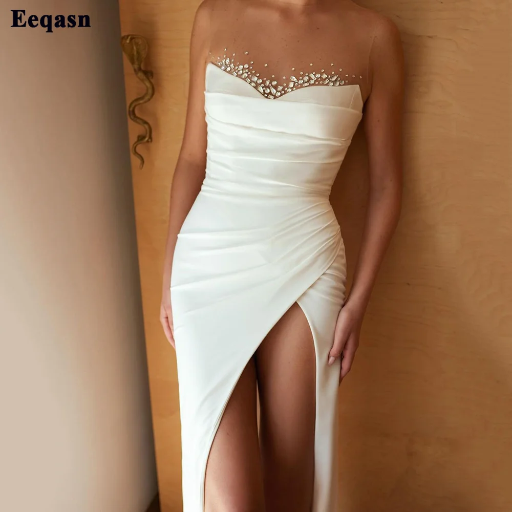 

Eeqasn Ivory Mermaid Long Prom Party Dresses Satin Nude Tulle Crystals Women Formal Dress Side Slit Floor Length Evening Gowns