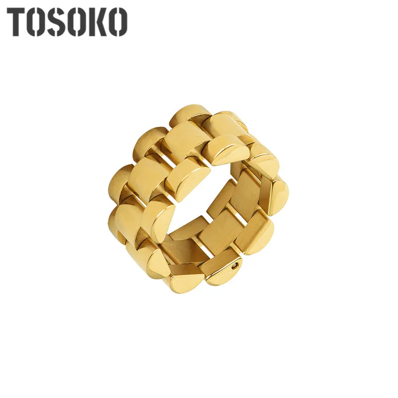 TOSOKO Stainless Steel Jewelry Exaggerated Texture Heavy Industry Combination Handmade Ring Neutral Strap Ring BSA184