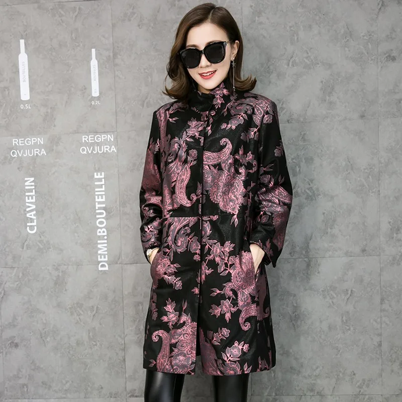 Free Shipping Multicolor Floral Print Genuine Leather Trench Coat Real Lambskin Leather Coats Fashion Long Outerwear