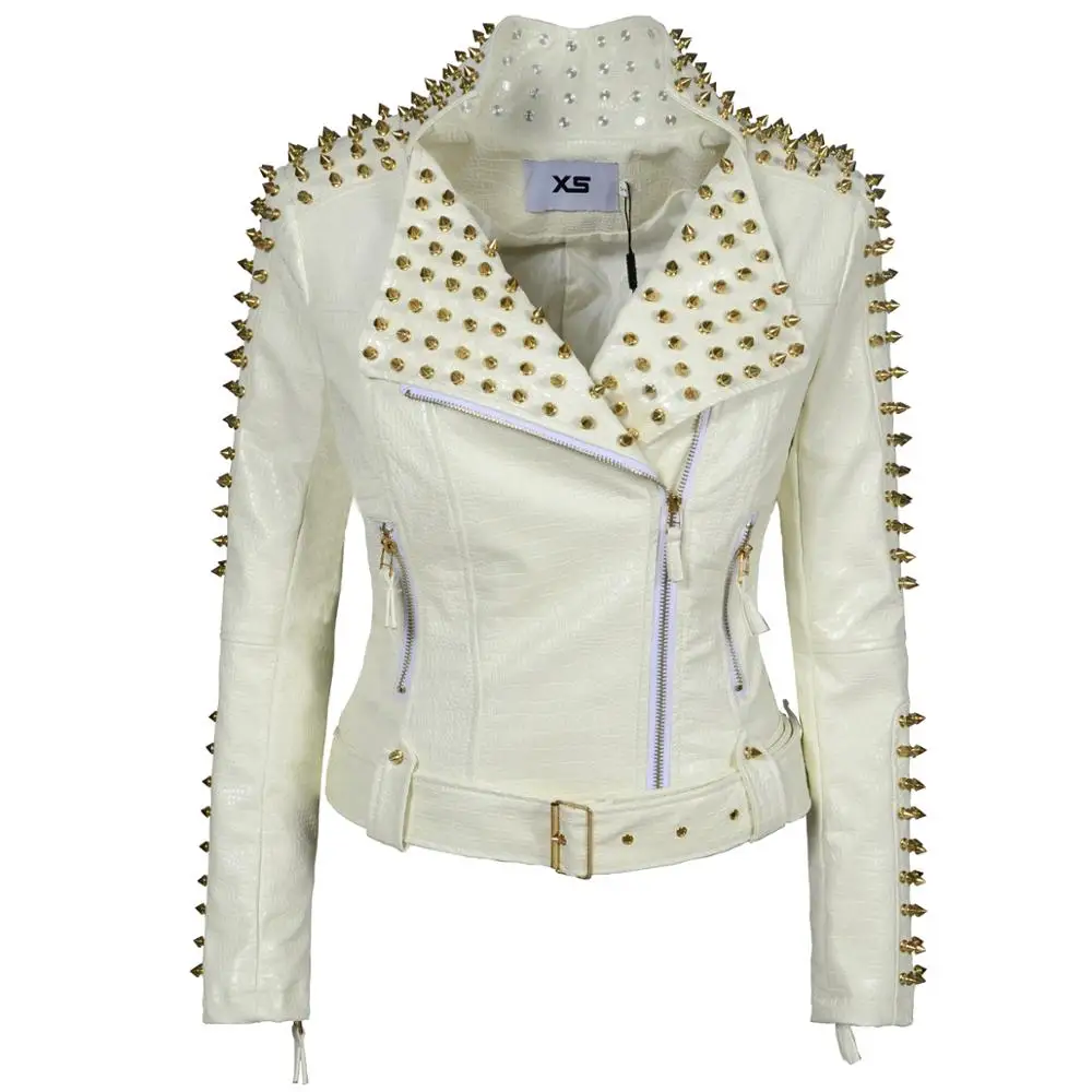 New Women\'s Fashion Punk Studded Perfectly Belt Coat Slim Fit Shaping PU Faux Leather  Biker Jacket Rivet Windbreak Outerwear