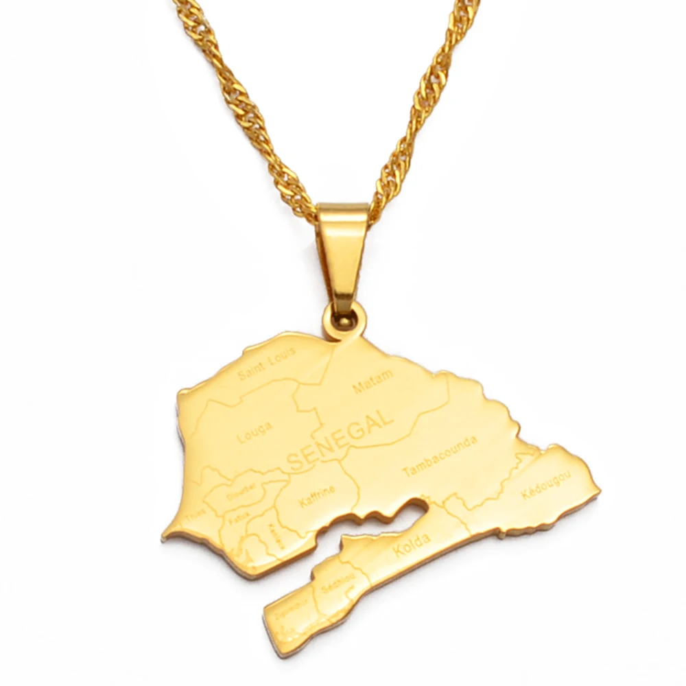 Anniyo Senegal Map With City Nam Charm Pendant Necklaces for Women Girl Gold Color Jewelry African Map of Senegalese #135821