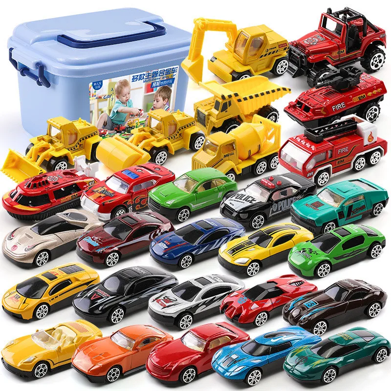 10-28Pcs Alloy Car Model Diecasts Engineering Truck Fire Truck Set Metal Vehicle Toy For Boys Children Collectibles Storage Box