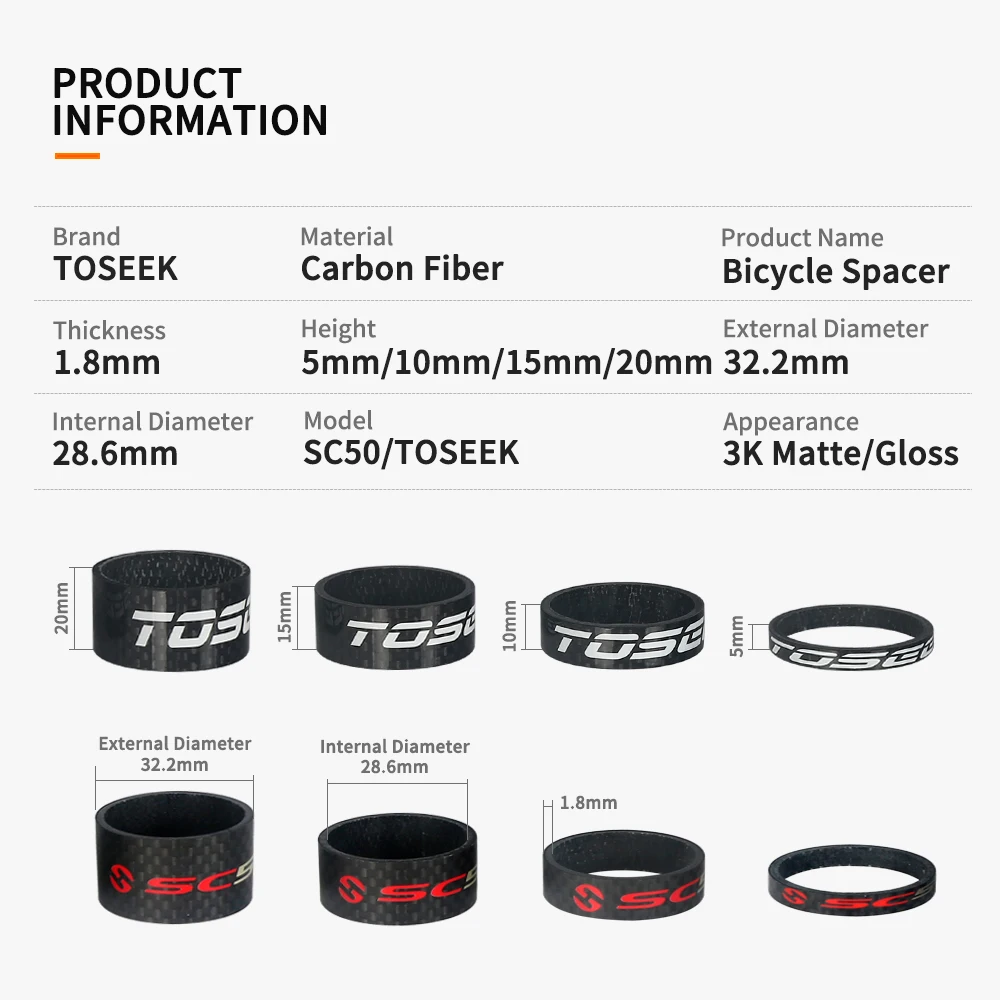 TOSEEK Carbon Fiber Headset Fork Spacers Road Bike Handlebar Washer Ring Front Fork Adjustment Spacer