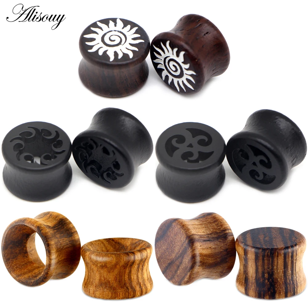 Alisouy 2PCS Fashion Ear Plugs Black Wood Flesh Tunnels Saddle Ear Gauges Solid Hollow Star Body Piercing Jewelry Expanders