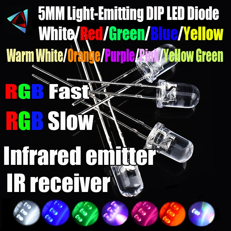 1000Pcs 5MM LED Diode Kit colors 3V Set Warm White Green Red Blue Yellow Orange Purple UV Pink RGB FAST SLOW infrared IR