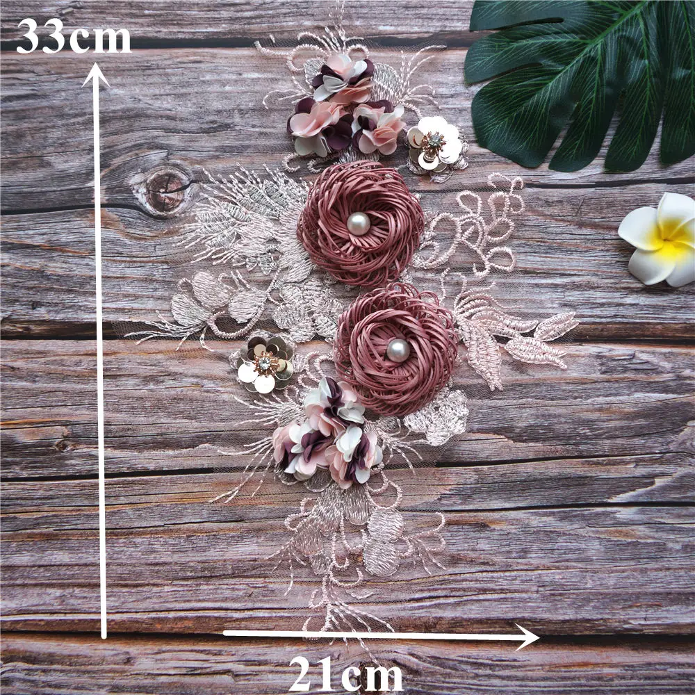 Pink 3D Flower Lace Fabric Beads Sequins Embroidered Wedding Gown Appliques Collar Mesh Sew Patches For Dress DIY Decoration