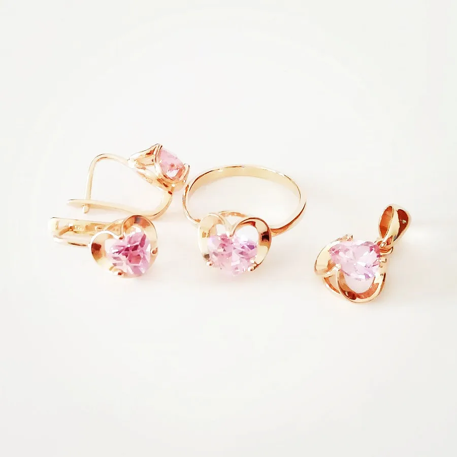 Korean Jewelry Sets Trend New Fashion 585 Gold Color Jewelry Heart Shape Pink Stone Earring Jewelry Sets for Women