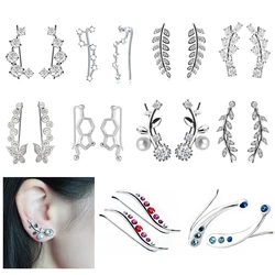 2PCS Silver Color Ear Crawlers Climbers Hellix Stud Earrings Piercing Tragus Leaf Clip Cuffs Women Man Body Jewelry Gift Oreja