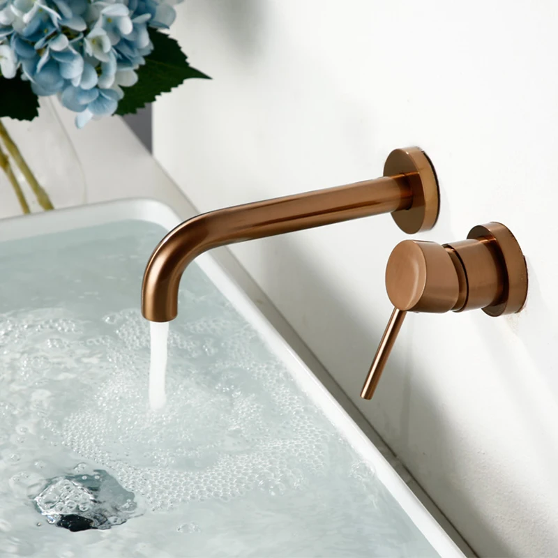 Wall Mounted Spout Basin Faucet Solid Brass Brushed Rose Gold Bathroom Bathtub Shower Mixer For Lavatory Sink Brushed gold Taps