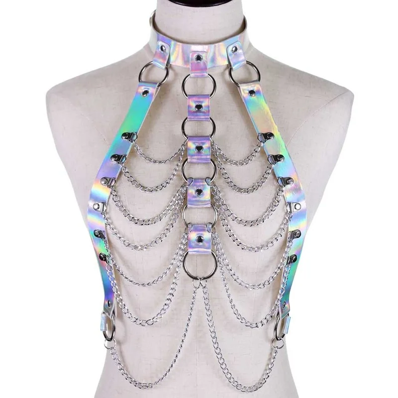 Decopunk Holographic Body Chain Harness Top Punk Women Holo Rainbow Waist Jewelry Festival Rave Outfit Designer Belt Women