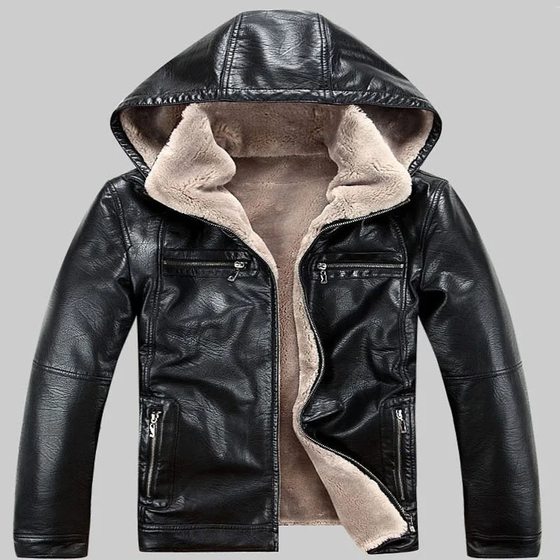 Russia Winter Leather Jacket Men Thick Faux Fur Coat Casual Hooded Motorcycle Leather Jacket Male Flocking Warm Leather Overcoat