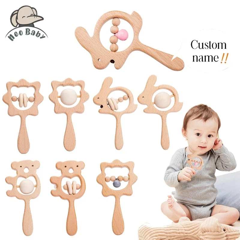 Custom Made Baby Wooden Rattle Toy Animal Hand Teething Ring Makes Sound Montessori Educational Toys Rattles Play Gym DIY Gifts