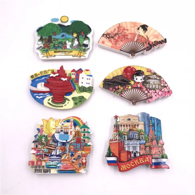 World Tourism Fridge Magnet Souvenir Creative Resin Moscow Russia, Hong Kong, Qingdao, Finland, Japan Stickers for Refrigerator