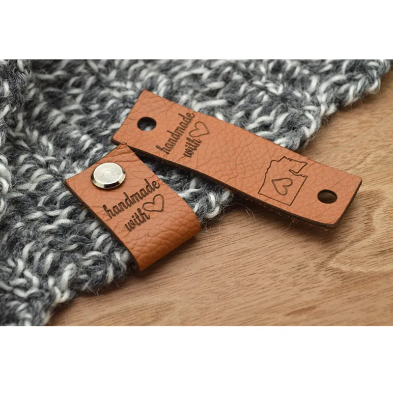 30pcs Handmade leather label for knitting Customize logo tags with rivets Sewing center fold labels for clothes hats Rectangle