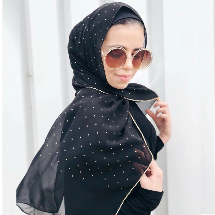 2021 New Product Diamond Chiffon Women Long Hijab Hijabs Muslim Lady Scarf Caps Islam Clothing Turkish Turban Headscarves Pareo