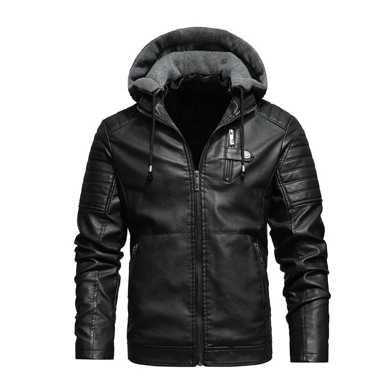 Men's 2020 New Casual Plush Leather Jacket Hooded Leather Jacket Autumn Outerwear