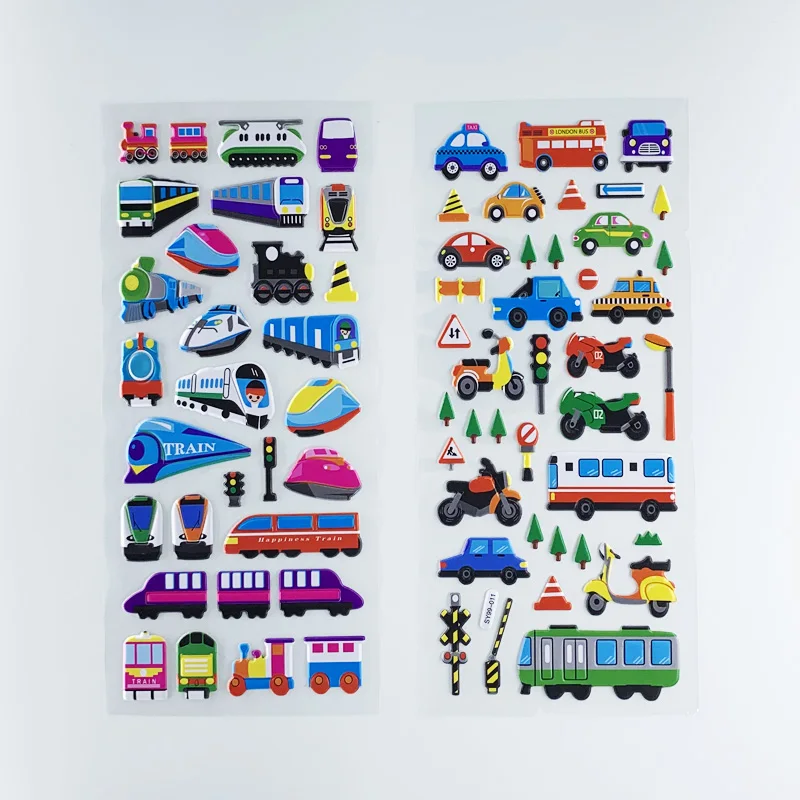 Random 3 Sheets Kids 3D Cartoon Transportation Cars Train Plane Stickers for Boys DIY Bubble PVC Scrapbook Sticker Learning Toys