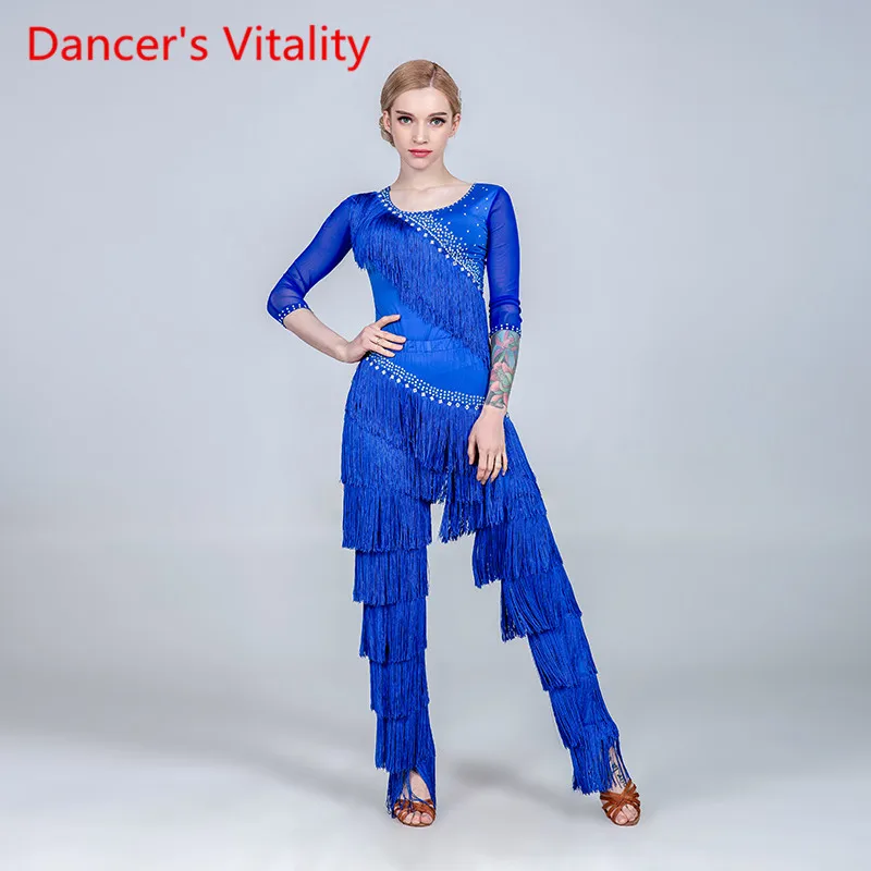 Women Tassel Glitter Rhinestone Top Pants Trousers Latin Dance Wear Rumba Samba Tango Cha Cha Dancing Competition Stage Outfits