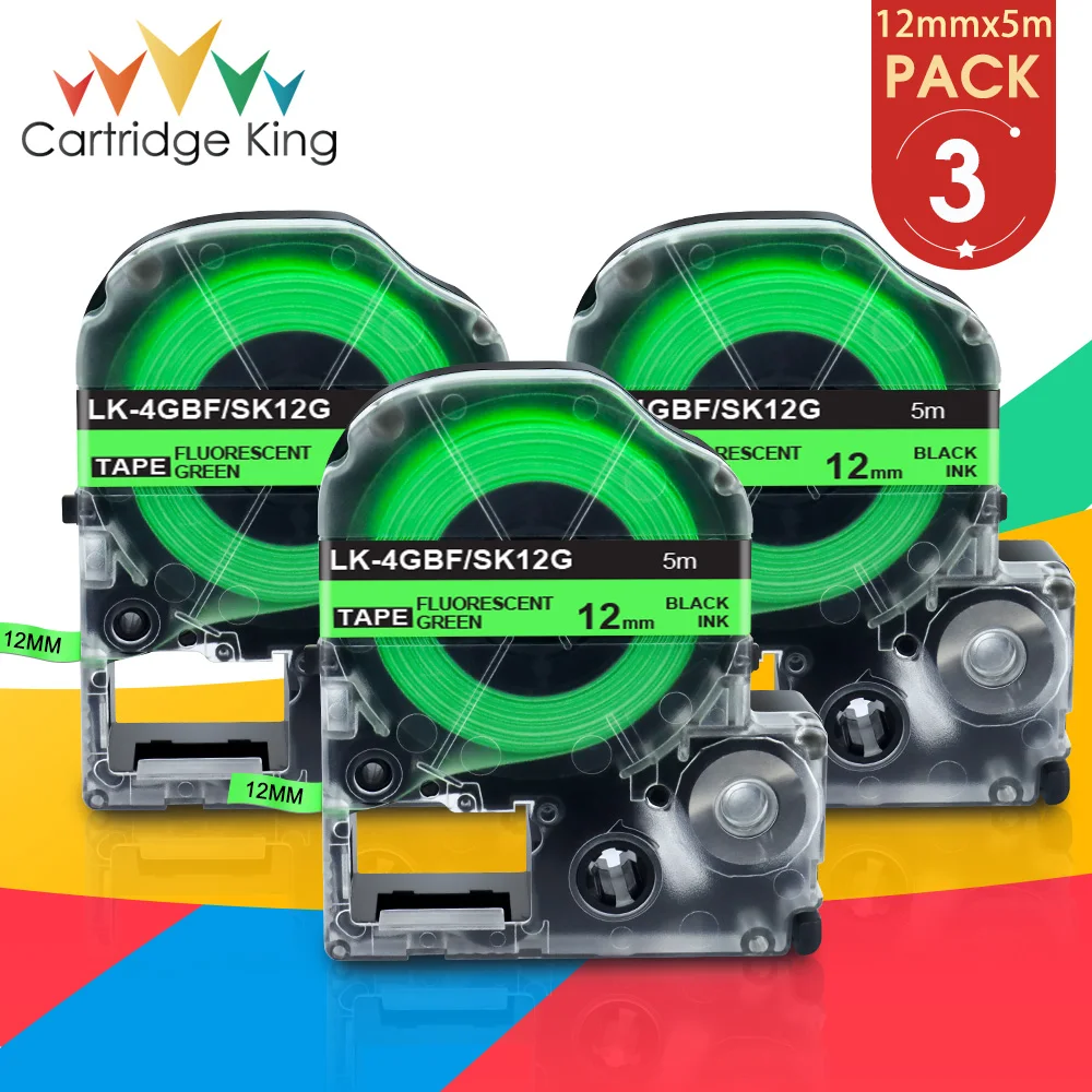 3PK 12mm SK12G Label Compatible for EPSON Black on Green Fluorescent Tape LK-4GBF LW-300 LW-400 LW-600P LW-700 Label Maker