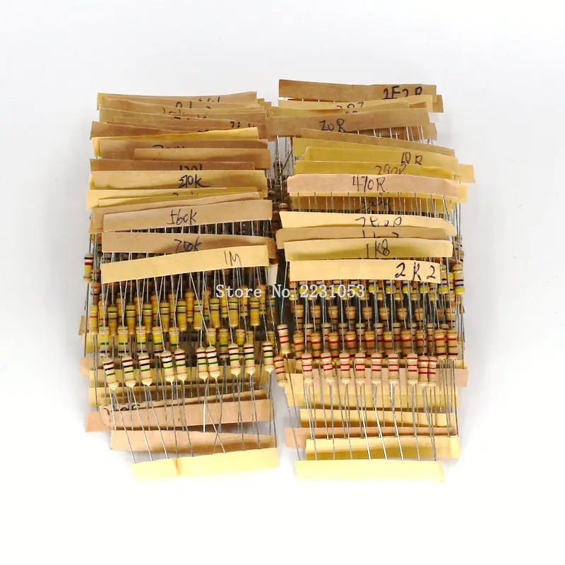 500PCS/LOT 1/2W Power 0.5W 5% Tolerance Carbon Film Resistors Assorted Assortment Kit 1.2 ohm-1M ohm 50 Values Each 10PCS