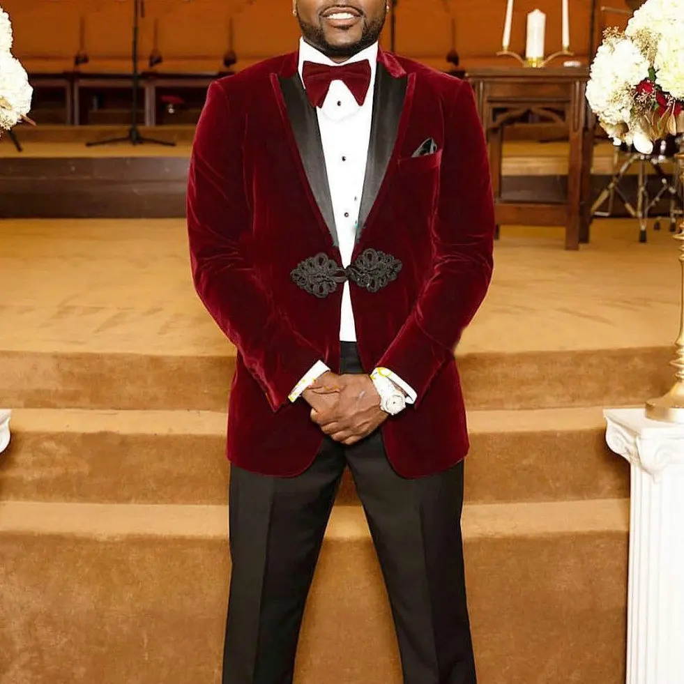 

Custom Made China Button Groomsman Wedding Suits For Men Burgundy Velvet Jacket Pant Best Man Suit Men Groom Tuxedos Prom Suits