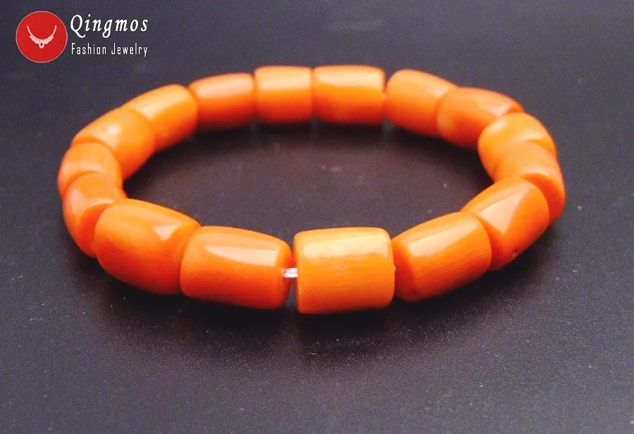 Qingmos Natural Coral Bracelet for Women with Orange GENUINE 10-11mm Thick Slice Coral Elastic Bracelet Jewelry bra142 Pulseira