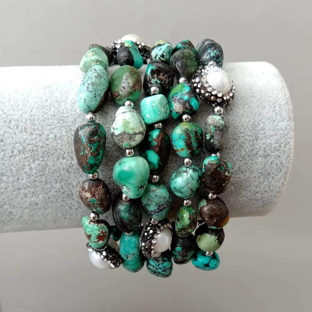 YYGEM 8'' 5 Strands Natural Genuine Freeform Turquoise White Freshwater Pearl Strand Bracelet