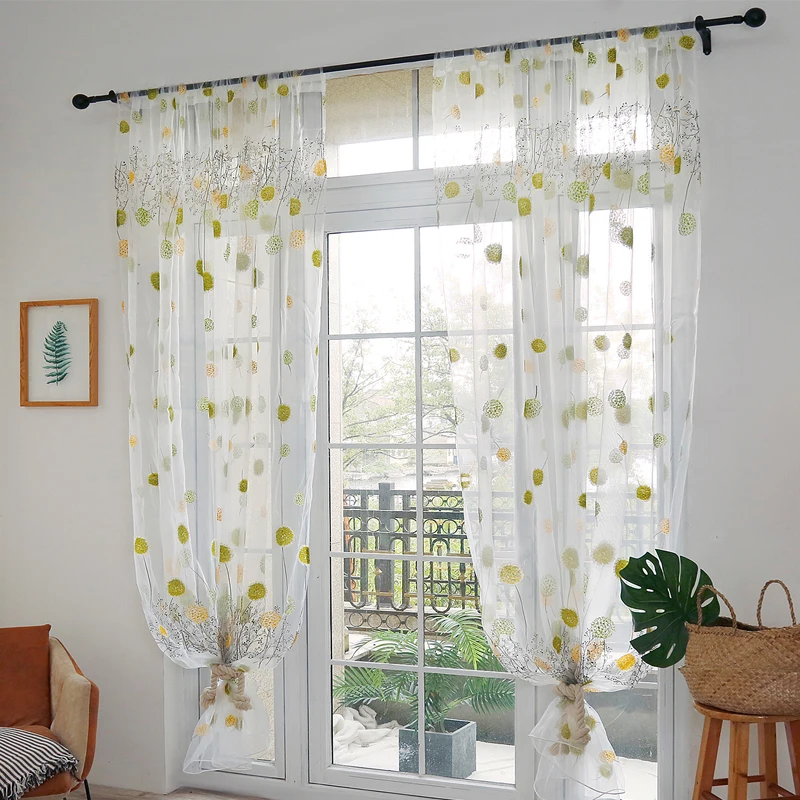 Flower Printed Window Curtain for Living Room, Sheer, Balcony, Voile Drapery, Valance for Kitchen, Home Decoration Decoration