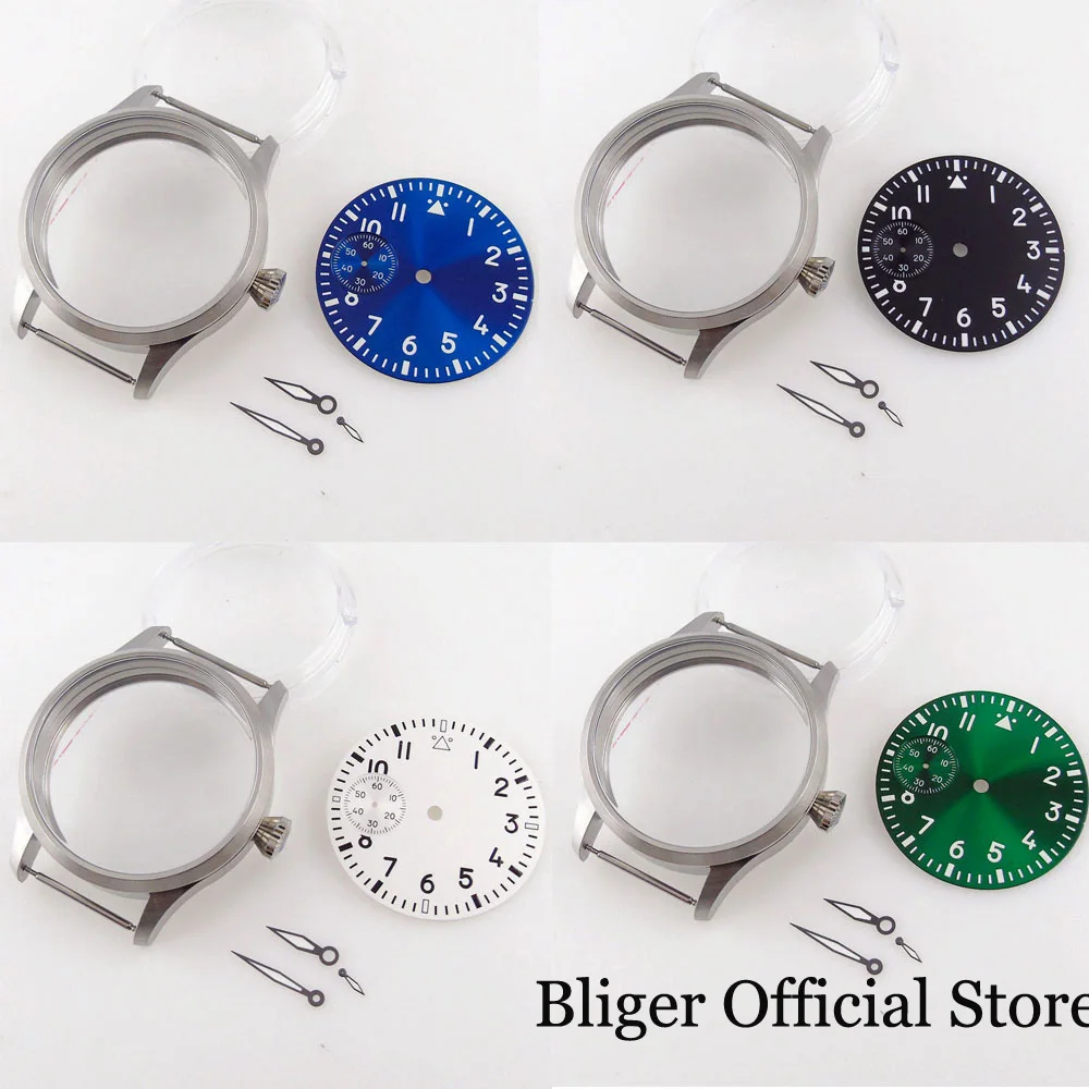 

BLIGER fit ETA 6497 ST3600 Manual Brushed 42mm Watch Case Luminous Blue/Green/White Dial Hand Set