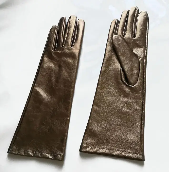 Women's medium long gold color genuine leather glove lady's fashion natural leather long driving glove R2349