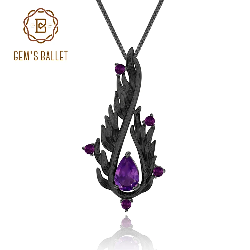 GEM'S BALLET 925 Sterling Silver Handmade Angel's Wing Pendant Necklace Natural Amethyst Gemstone Fine Jewelry for Women