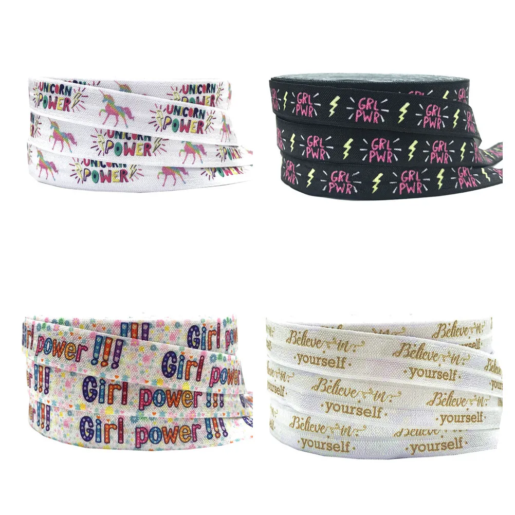 

10Y Believe In Yourself Print Fold Over Elastic 16mm Girl Power FOE Ribbon For Girl/Unicorn Hair Tie DIY Headwear Hair Accessory