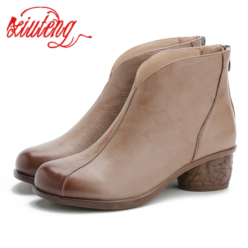 Xiuteng 2022 Fashion Ankle Boots For Women Genuine Leather Shoes Women Mom Women Shoes Round Toe Soft Non-Slip Boots Women