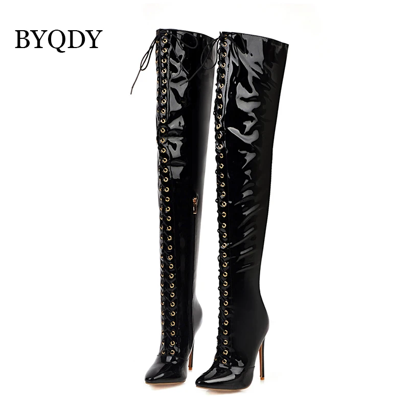 BYQDY-Botas por encima de la rodilla de cuero PU con correa cruzada para mujer, botines largos de tacón de aguja con punta estrecha, Sexy, de marca