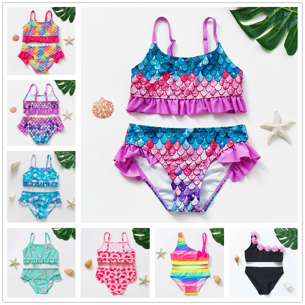 3~12Year Girls Swimsuit Kids Swimwear Cute print Kids Bikini Sets Ruffle style Children swimwear Kids Beach wear