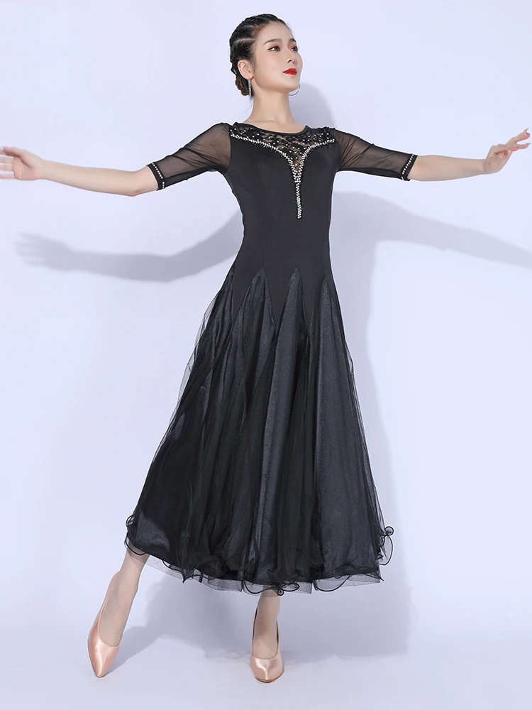 Adult Female Ballroom Dancing Dress Lace Stitching Competition Dancewear Standard Waltz Dance Performance Stage Costume YS2329